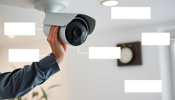 Foto hombre instalar cámara de vigilancia ip para la seguridad del hogar aislado con resaltos blancos