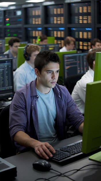 Hombre inteligente programador de TI trabajando en el escritorio verde maquillaje de pantalla computadora en el centro de datos sistema Cont