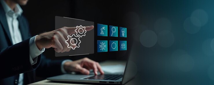 Foto el hombre interactúa con la tecnología concepto de negocio moderno