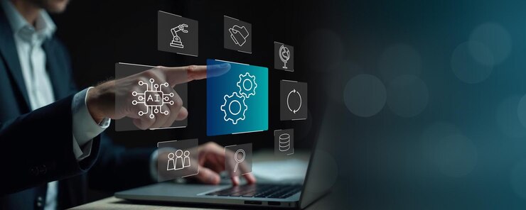 Foto hombre interactuando con ia y interfaz de automatización en una computadora