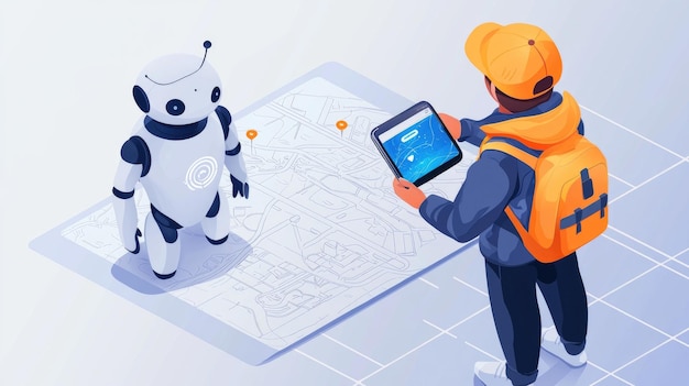 Hombre interactuando con robot humanoide usando tableta digital Innovación tecnológica Inteligencia artificial Robótica análisis de datos Interfaz interactiva Concepto futuro Generativo por IA