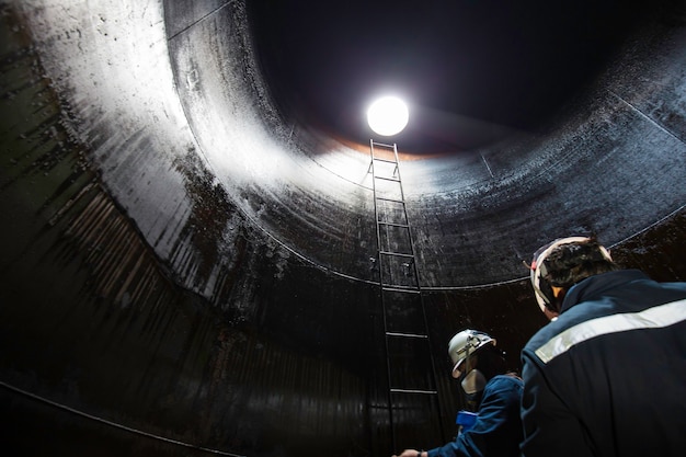 Hombre en el interior subir la escalera de almacenamiento de combustible pesado inspección visual del tanque en el espacio confinado