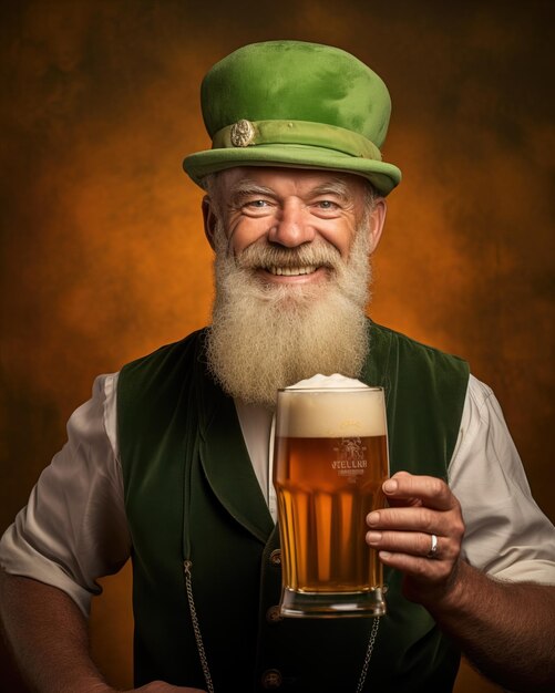 Foto hombre irlandés barbudo con sombrero y cerveza en la mano en el concepto del día de san patricio