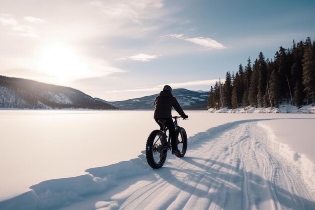 hombre irreconocible disfruta de un paseo en bicicleta de invierno por un sendero al borde de un lago congelado