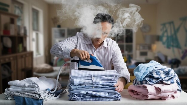 Hombre irreconocible planchando camisas y ropa en casa