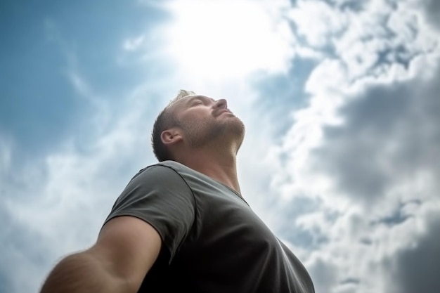 hombre irreconocible sintiéndose libre mirando hacia el cielo