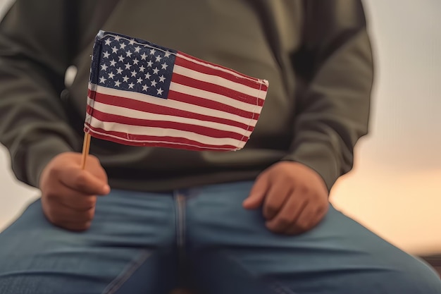 Hombre irreconocible sosteniendo la bandera estadounidense como el Día de la Independencia o el Día de los Veteranos