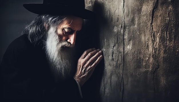 Hombre israelí en pena y abrazando el muro de piedra