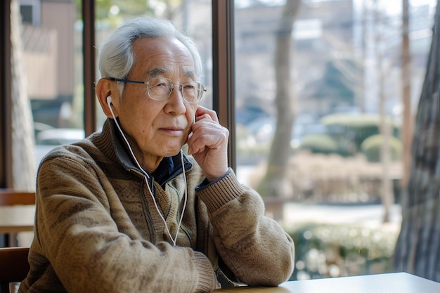 Hombre japonés anciano de cabello gris con gafas y suéter beige sentado en la mesa ajustando auriculares mientras escucha audio en el teléfono móvil