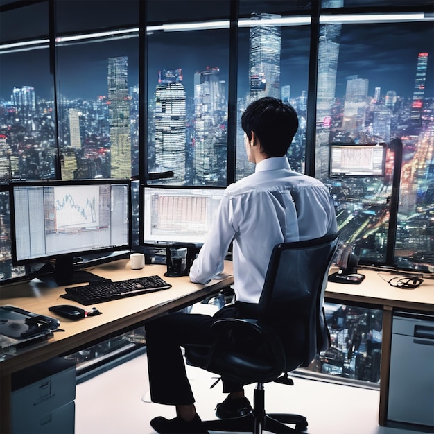 Un hombre japonés con una camisa blanca de oficina sentado frente a la computadora desde atrás