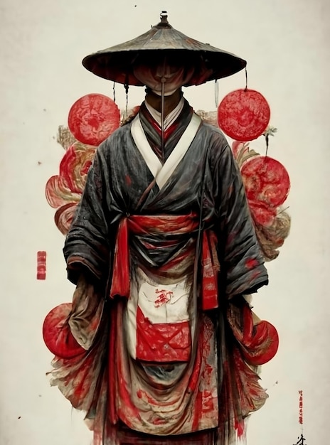 Foto hombre japonés con sombrero negro de color rojo.