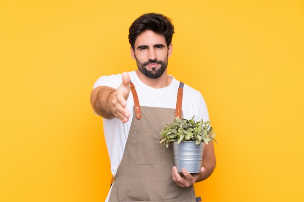 Hombre jardinero sobre pared amarilla aislada