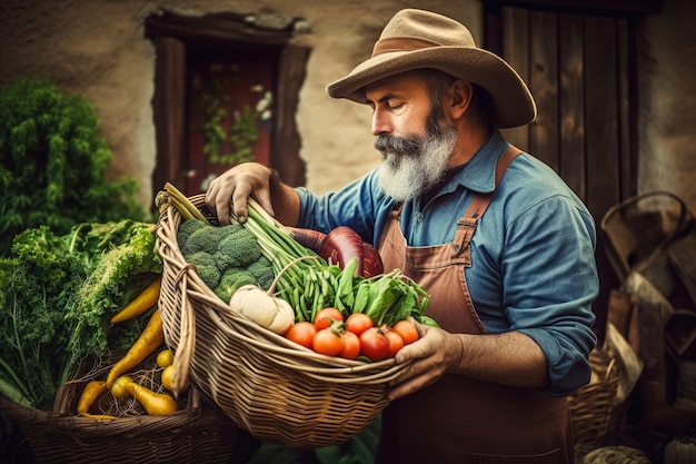 Un hombre un jardinero sosteniendo y mostrando sus cultivos orgánicos de frutas y verduras