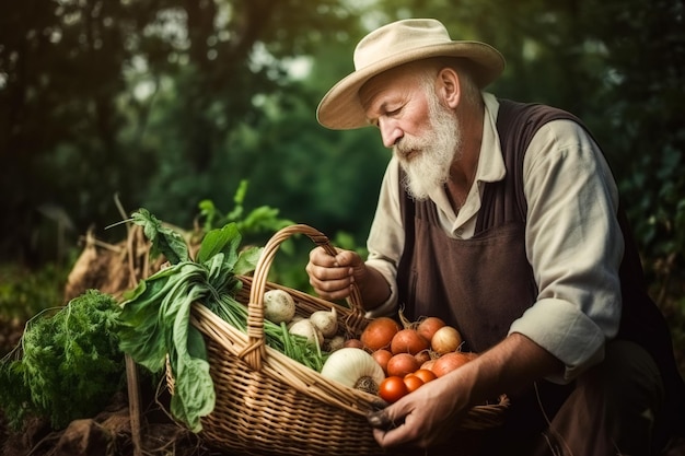 Un hombre un jardinero sosteniendo y mostrando sus cultivos orgánicos de frutas y verduras