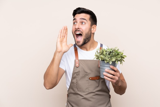 Hombre jardinero sosteniendo una planta sobre gritos con la boca abierta