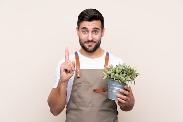 Hombre jardinero sosteniendo una planta sobre señalar con el dedo índice una gran idea