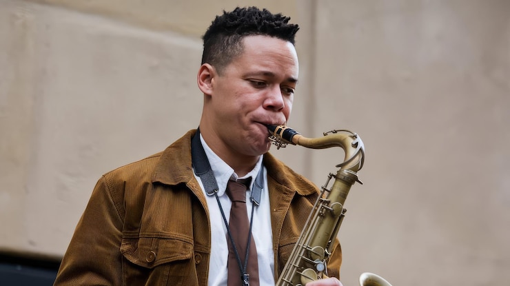 Foto hombre de jazz talentoso de tiro medio tocando el saxofón