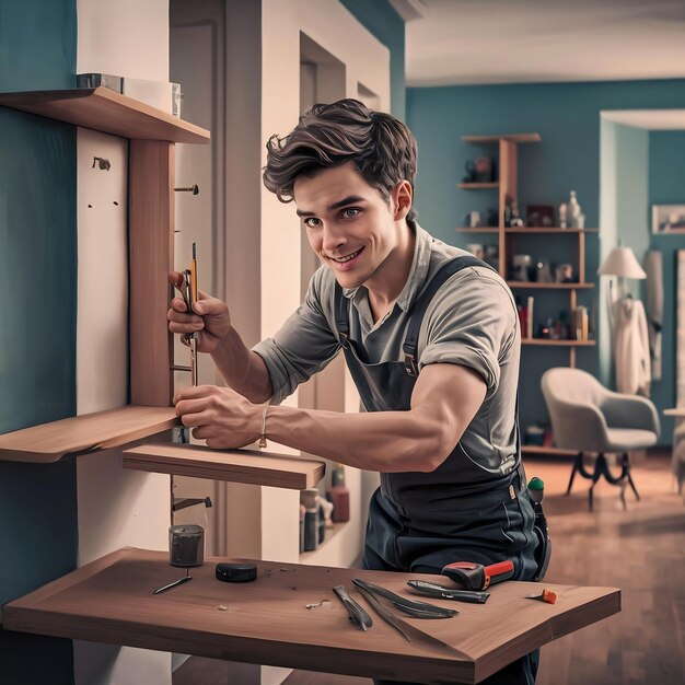 Foto hombre joven de buen aspecto construyendo una nueva estantería de madera y haciendo algunas renovaciones en el hogar