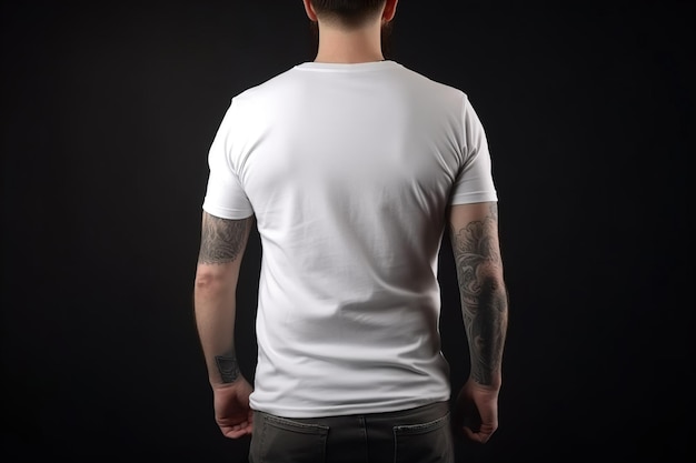 Hombre joven con camiseta blanca en blanco Plantilla de maqueta de camiseta vista posterior Copiar espacio para texto logotipo gráfico impresión Camiseta maqueta Primer plano IA generativa