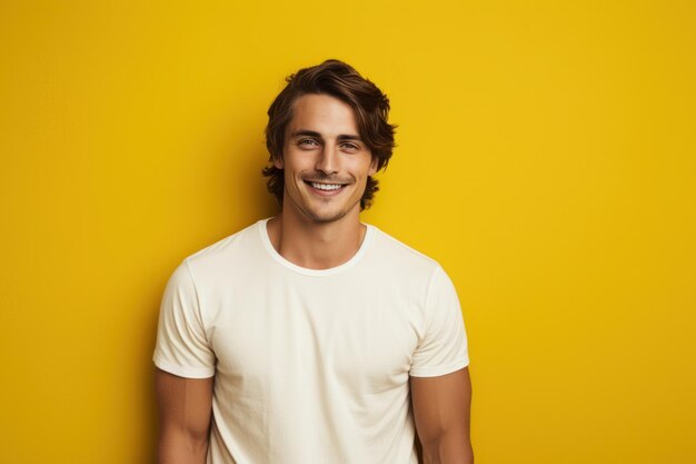 Hombre joven con camiseta blanca sobre fondo amarillo Ilustración AI GenerativexA