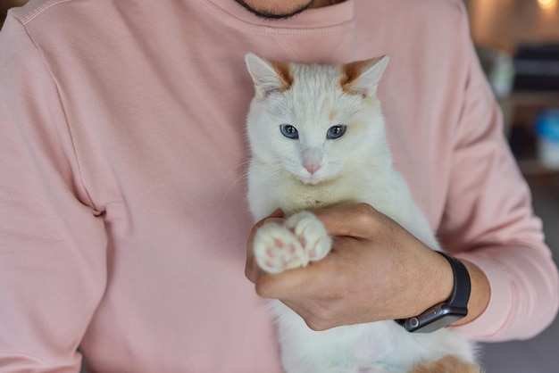 Hombre joven en camiseta sosteniendo un gato