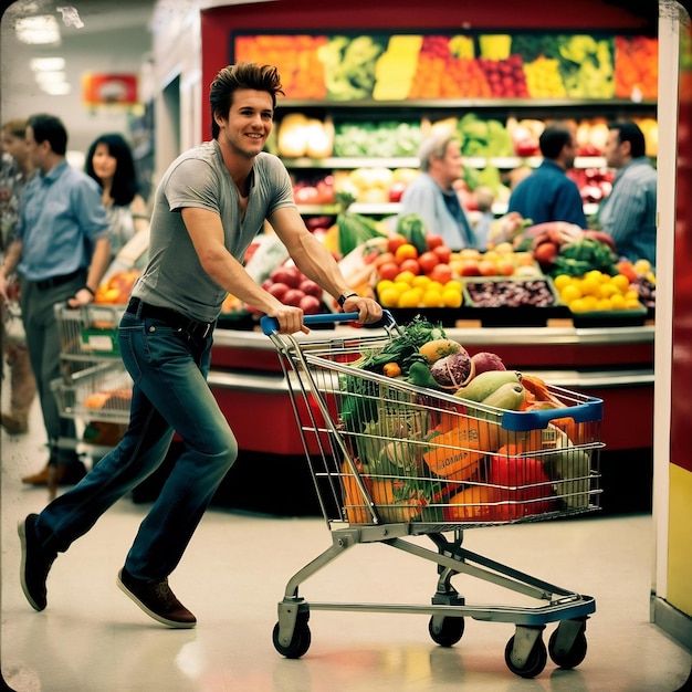 Hombre joven con carro de compras en supermercado