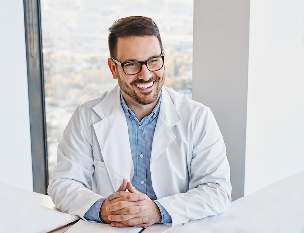 hombre, joven, doctor, hospital, médico, medicina, cuidado de la salud, clínica, oficina, feliz, sonriente, cuidado de la salud