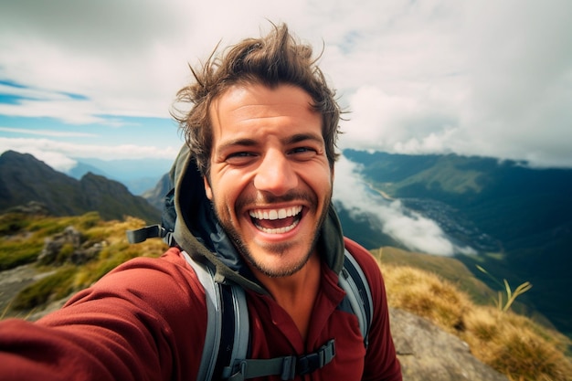 Hombre joven excursionista tomando retrato selfie en la cima de la montaña