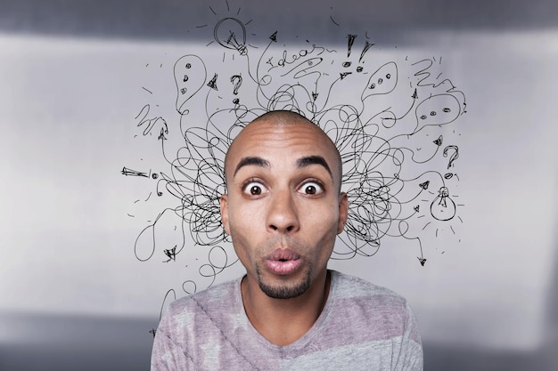 Hombre joven con expresión de la cara estresada preocupada con ilustración