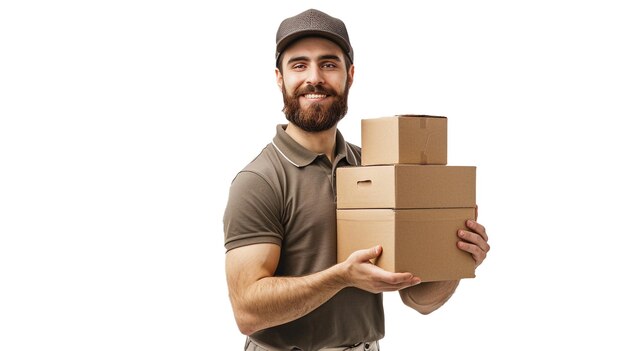 Hombre joven feliz de entrega de pie con caja de correo de paquetes aislado sobre fondo blanco