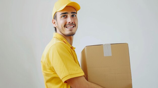 Hombre joven feliz de entrega de pie con caja de correo de paquetes aislado sobre fondo blanco