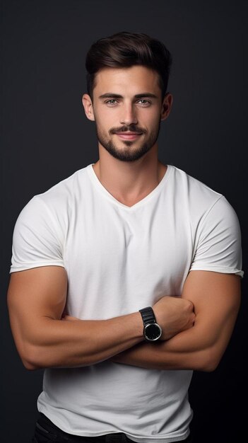 Foto hombre joven y en forma con ropa casual y reloj de muñeca posando sobre un fondo gris