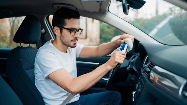 Foto hombre joven con gafas pulindo dentro de su coche con un hombre de alfombra con camiseta blanca