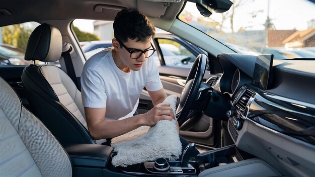 Foto hombre joven con gafas pulindo dentro de su coche con un hombre de alfombra con camiseta blanca