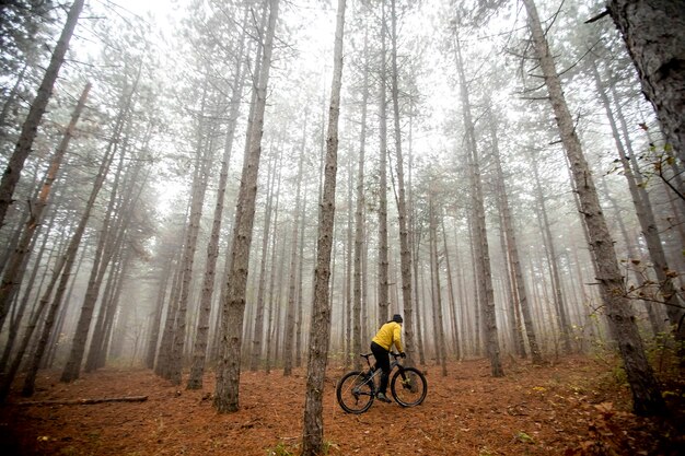 Hombre joven guapo en bicicleta a través del bosque de otoño