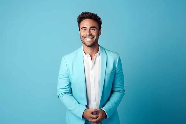 Foto hombre joven y guapo feliz que está sonriendo y riendo con ropa brillante de fondo azul