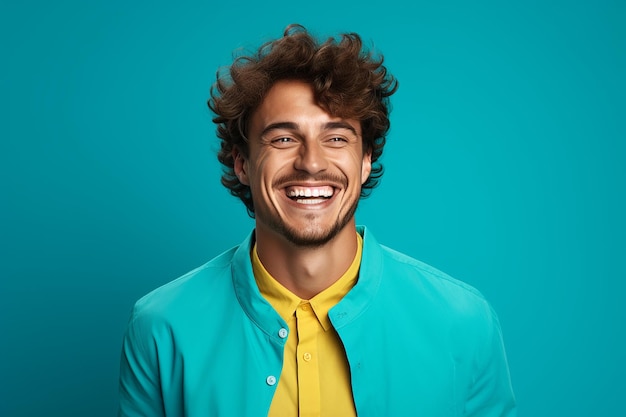 Foto hombre joven y guapo feliz que está sonriendo y riendo con ropa brillante de fondo azul