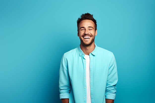 Foto hombre joven y guapo feliz que está sonriendo y riendo con ropa brillante de fondo azul