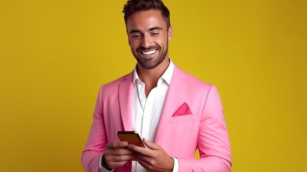 Foto hombre joven guapo en traje rosa usando teléfono inteligente y sonriendo mientras está de pie contra un fondo amarillo