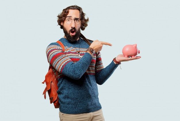 Hombre joven hippie con una alcancía