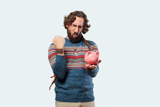 Hombre joven hippie con una alcancía