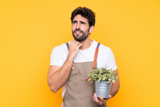 Hombre joven jardinero sobre pared aislada