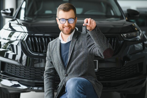 Hombre joven con las llaves en el coche