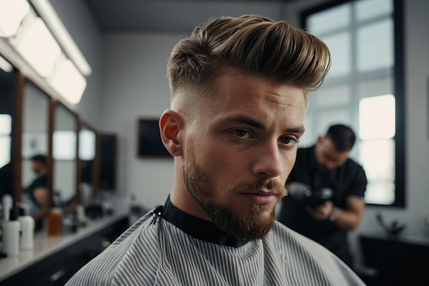 Un hombre joven mientras se corta el cabello moderno con un barbero masculino profesional aislado de fondo blanco