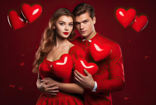 hombre joven y mujer en vestido rojo posando con corazones juntos