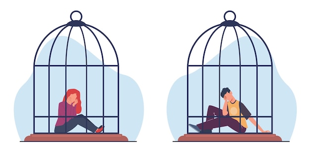 Hombre joven y niña con depresión y desesperación sentados en una jaula de pájaros secuestro y crimen hombre y mujer llorando en la cárcel problemas mentales dibujo animado plano ilustración aislada concepto vectorial