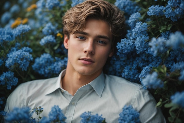 Hombre joven con ojos azules retrato al aire libre