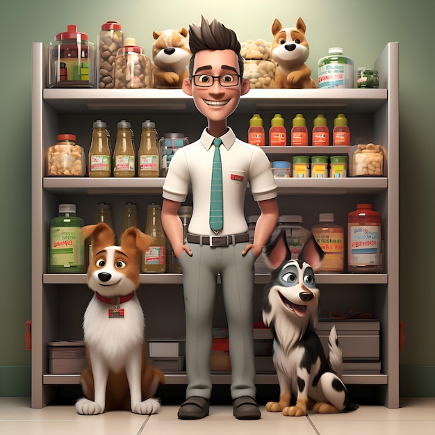 Hombre joven con perros en una despensa renderización 3D