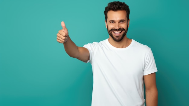 Hombre joven de pie sobre un fondo azul aislado haciendo un gesto feliz de pulgares hacia arriba con la mano