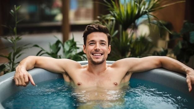 Hombre joven relajado disfrutando en una bañera de agua caliente mientras pasa un día en el centro de bienestar